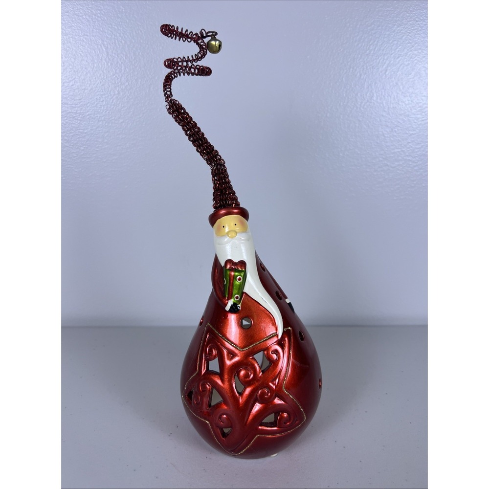 Pier 1 Santa Claus Tea Light Candle Holder Metallic Red Ceramic Figurine Bell